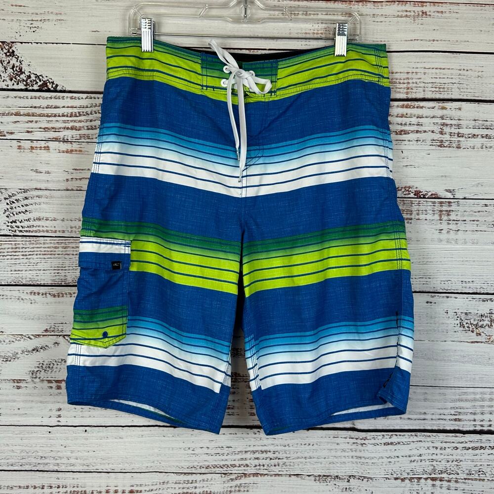 Mens O'Neill Blue Green White Stripe 11" Board Shorts Surf Beach Swim Pockets 34